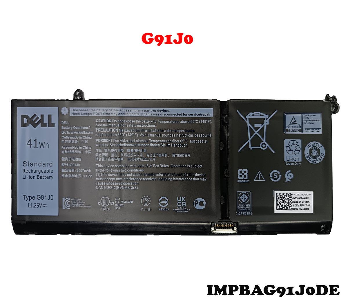 Batteria G91J0 Per Dell Latitude 3320, 3420, 3520, Inspiron 3510, 3511, 3520, 3530, Vostro 3510 – 41Wh, 3 Celle, 11.25V