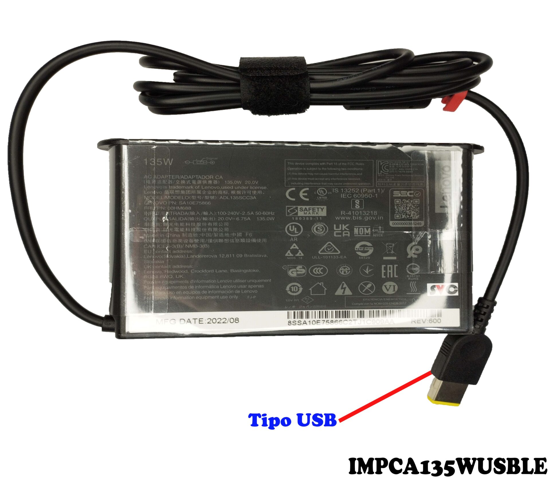 Genuine Lenovo 135W Laptop Power Adapter – 20V 6.75A Square Tip – For IdeaPad/ThinkPad – Used, ADL135NDC3A